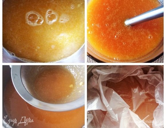 Мандариновая глазурь: в сотейнике нагреть апельсиновый сок, мандариновое пюре и воду до 40°С. Ввести пектин, предварительно смешанный с сахаром. Довести до кипения. Добавить лимонный сок и распущенный желатин. Пробить всю смесь блендером. Накрыть пленкой в контакт. Остудить и отправить в холодильник для стабилизации, как любую другую зеркальную глазурь, на ночь. Перед использованием нагреем ее и пробьем опять блендером. Используем при достижении температуры 30-32 градуса. Так что без термометра тоже не обойтись.