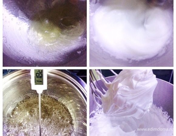 Итальянская меренга: белки взбить с сахаром в легкую пену. Пока взбиваются белки, варим сироп из воды, сахара, цедры и глюкозы. Сироп доводим до 118°С. Тоненькой струйкой сироп вливаем во взбивающиеся белки. Взбиваем до устойчивого состояния как на фото. 