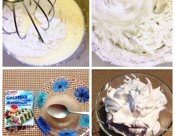 Сливочный мусс: смешать сахар, крем чиз (в ингредиентах крем фреш) и йогурт. Распустить желатин и добавить в сырную массу. Сливки взбить до полувзбитого состояния. Добавить сливки и итальянскую меренгу в сырную массу. Мусс готов.