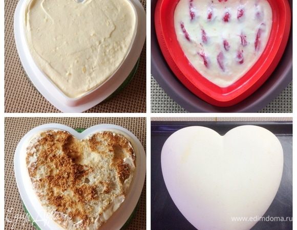 Сборка пирожных, как и сборка торта проходит аналогично. Не нашла я фото сборки пирожного, то ли забыла вообще сфотографировать, то ли пока не могу найти в фото. Поэтому распишу шаг под этим фото, уж простите меня. 
На дно формы выкладываем часть мусса сливочного, затем вставляем нашу начинку желе + креме, которые у нас в морозилке ждали часа «х».  Затем сверху покрываем слегка муссом и вставляем заготовку из бисквита. Внимание, бисквит должен выступать за края формы примерно на 2-3 мм у пирожных, а у торта 3-5 мм. Если выступает чуть больше, не беда. Отправляете формы в таком виде в морозилку до полной заморозки, лучше всего на ночь, т.е. 8 часов. Когда торт/пирожные будут замороженными, легко можно бисквит немного подрезать до нужной толщины. Выступ бисквита необходим для того, чтобы при разморозке пирожного, когда оно осядет, выступ бисквита позволит ему не просесть. Надеюсь, понятно объяснила. Так как если изначально срезать бисквит вровень с формой, то возможно проседание и будет некрасиво смотреться низ торта. У меня такое было, правда торт был покрыт велюром и низ казался не очень аккуратным, а я не хотела его маскировать ничем.