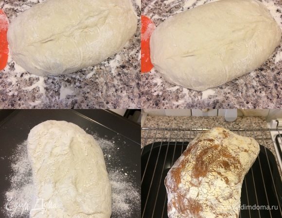 Сложить, придать форму, защипнуть — окончательная расстойка 60 минут. За 20–30 минут до выпечки в духовку поставить противень и нагреть духовку до 230–240°C. Спустя указанное время достать противень, присыпать мукой, аккуратно переложить хлеб на противень швом вниз, слегка растянуть и отправить в духовку. Выпекать хлеб 15 минут с паром, затем уменьшить до 180–200°C и выпекать еще 20–30 минут.<br />
 