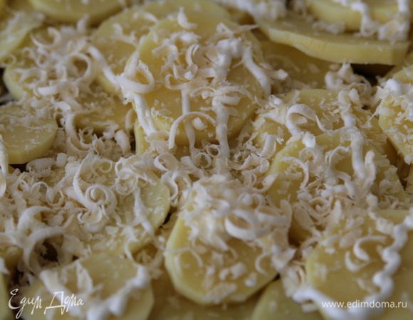 Сыр натереть на крупной терке. Посыпать сверху картофель, немного посолить, смазать майонезом. Выложить еще один слой картофеля.
