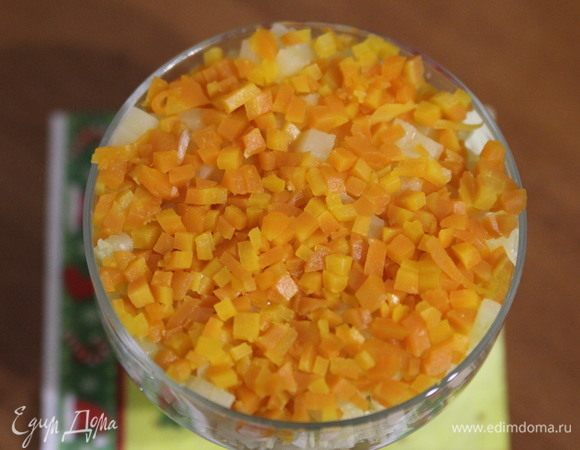 Нарезать мелкими кубиками морковь, выложить следующий слой.