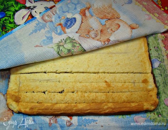 Готовый бисквит вынуть из духовки, перевернуть и освободить от пекарской бумаги. С одного края по всей длине сделать 4–5 неглубоких надреза. Накрыть полотенцем и оставить остывать.