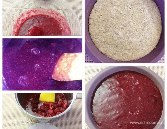 Малиновое конфи: поместить в сотейник малиновое пюре, замороженную малину и доводим до 40°С. Добавляем смешанный с сахаром пектин, доводим смесь до кипения и кипятим минуты две-три. Добавляем лимонную кислоту. Конфи слегка остужаем и выливаем на бисквитные заготовки.