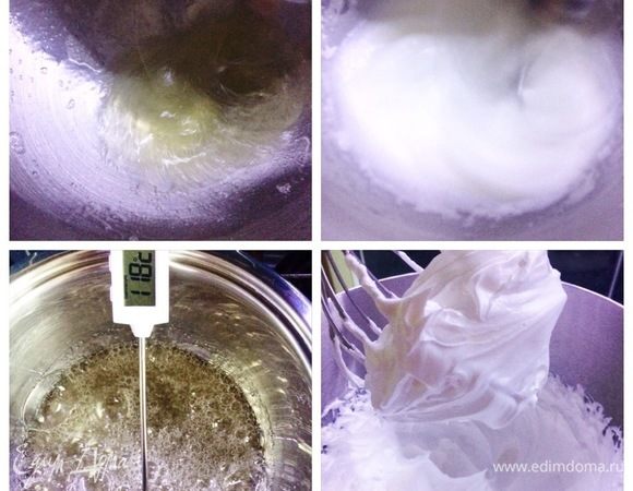 Итальянская меренга: белки взбить с сахаром в легкую пену. Пока взбиваются белки, варим сироп из воды, сахара, цедры. Сироп доводим до 118°С. Тоненькой струйкой сироп вливаем во взбивающиеся белки. Взбиваем до устойчивого состояния, как на фото. 