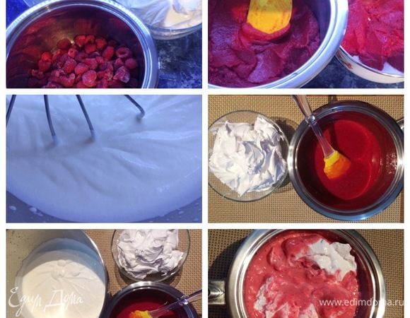 Малиновый мусс: нагреть в сотейнике 50 г малинового пюре, чтобы ввести предварительно замоченный и распущенный желатин. Добавляем оставшееся малиновое пюре. С помощью спатулы вводим итальянскую меренгу. Затем вводим полувзбитые сливки, аккуратно премешиваем. Мусс готов.