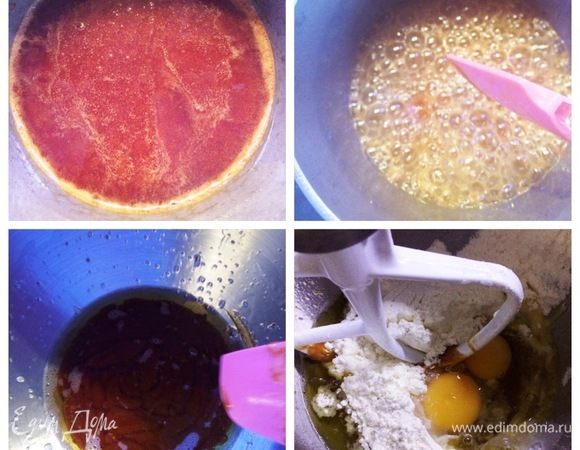 Сахар помещаем в сотейник с толстым дном и на среднем огне начинаем его топить. Когда весь сахар растопится и приобретет янтарный цвет, снимаем сотейник с плиты и добавляем туда мед. Затем туда же — и горячее растопленное сливочное масло. Масло должно быть горячим, чтобы не затвердела наша карамель, а это может случиться из-за перепада температуры. Все хорошенько, но очень аккуратно перемешиваем и переливаем в чашу миксера. Даем сливочно-медовой смеси немного остыть. 
Затем в чашу миксера всыпать 1/3 муки и яйца. Все перемешать. Добавляем лимонный сок и соду, опять все перемешиваем.