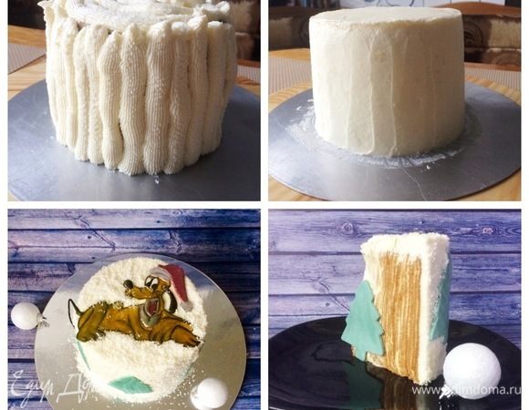 Обмазала я торт крем-чизом (творожный сыр 300 г + 100 г сливочного масла + 2 ст. л. сахарной пудры), выровняла и обсыпала кокосовой стружкой (снег), т.к. все же новогодние праздники. Можно для выравнивания и украшения использовать другой крем на ваш вкус, к примеру, ганаш и т.д.  

