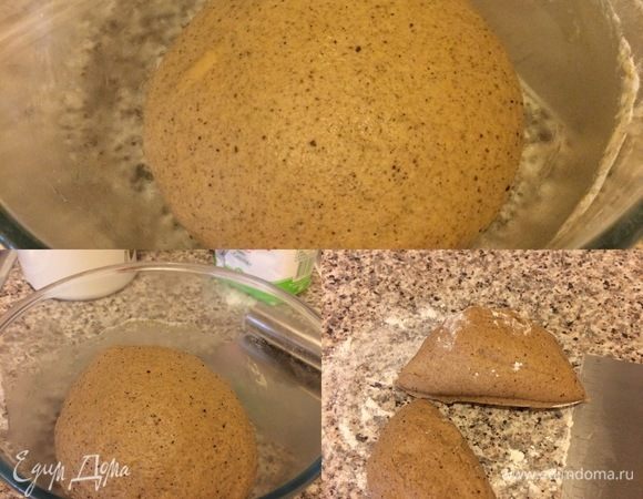 Спустя 45 минут тесто обмять и оставить еще на 45 минут. Затем тесто делим на 2 части.