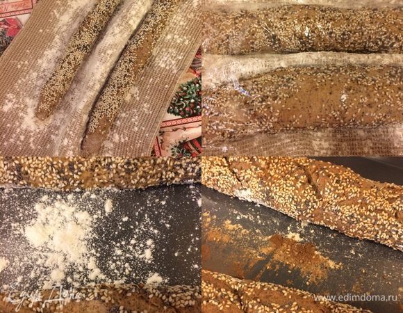 Полотенце посыпать мукой, переложить багеты, накрыть и оставить в теплом месте еще на 1,5 часа. Духовку нагреть до 250°С. Спустя указанное время на хлебе сделать надрезы, слегка сбрызнуть водой и выпекать 10 минут с паром при температуре 250°С, затем уменьшить до 190-180°С и выпекать еще 20-25 минут.