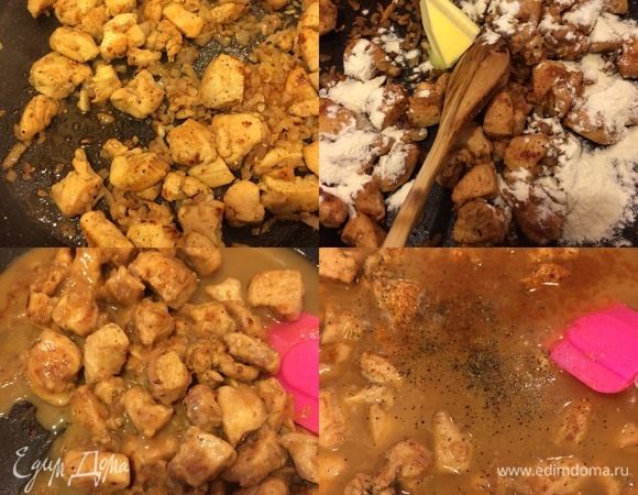 Затем добавить масло и муку, хорошо перемешать. Начать постепенно добавлять кипяток, активно все перемешать (не должно быть комков), добавить соль, перец, паприку, майоран, тимьян, вустерширский соус и, помешивая, тушить 5–8 минут (соус должен загустеть).