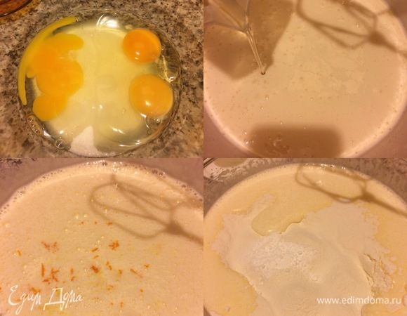 Духовку нагреть до 170–180°С. В миске хорошо взбить сахар, яйца и ванильный сахар. Затем добавить масло, свежевыжатый апельсиновый сок и еще раз хорошо взбить. Муку просеять с разрыхлителем и солью. Добавить муку и еще раз хорошо перемешать миксером.