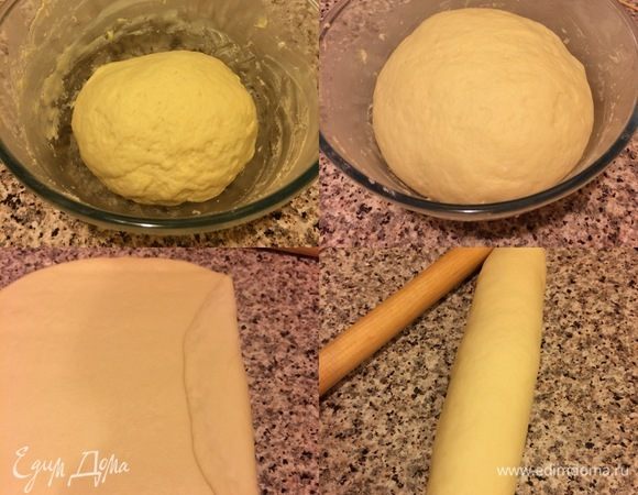 Миску слегка смазать растительным маслом, положить тесто, накрыть пленкой и отправить в теплое место на 1,5–2 часа. Тесто должно увеличиться в 2–2,5 раза. Спустя указанное время, раскатать тесто, свернуть в рулет, хорошо защипнуть края, перевернуть швом вниз, накрыть пленкой и оставить в теплом месте еще на 30 минут.