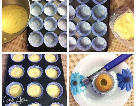 Приготовить форму для маффинов, положить бумажные формочки. При помощи кондитерского мешка заполняем формочки на 2/3.
Разогреваем духовку и выпекаем капкейки при 180°С 20 минут. Готовые капкейки полностью остужаем. Позже мы их наполним курдом. 