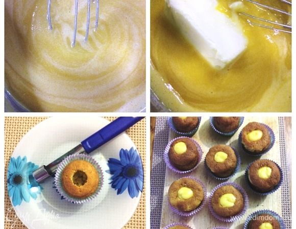 Кукурузный крахмал размешиваем в небольшом количестве холодной воды, вливаем смесь к остальным ингредиентам. Ставим посуду на небольшой огонь, берем венчик и, постоянно помешивая, доводим смесь примерно до 90°С. Готовим, помешивая, 10 минут до загустения. Выключаем газ и добавляем сливочное масло. Все тщательно перемешиваем и остужаем курд. Отправляем его в холодильник до использования.
В остывших капкейках вырезаем серединку и наполняем курдом. 