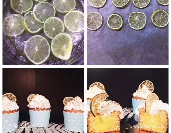 Для карамелизации лайма нарезаем его на тонкие ломтики. Варим сахарный сироп, пропорции воды и сахара 1:1. После чего сироп закипит, выкладываем дольки лайма. Стараемся лайм уложить в один слой, не все дольки сразу. Варим сироп вместе с дольками минут 10. Сироп начнет густеть. Вынимаем шумовкой ломтики и выкладываем их на пергамент для подсыхания на несколько часов. 
Подсохшими дольками лайма украшаем наши капкейки. 