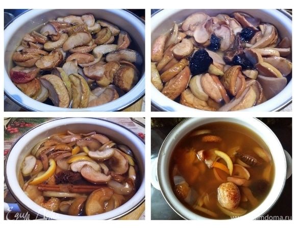 Вскипятить воду, растворить в ней сахар, засыпать подготовленные сухофрукты и варить 10 минут с момента закипания. Затем добавить горсть чернослива. Готовить еще 5 минут, добавить апельсиновый сок, лимонный сок, 1 палочку корицы для придания аромата, оставить на огне еще 1 минуту и выключить. 