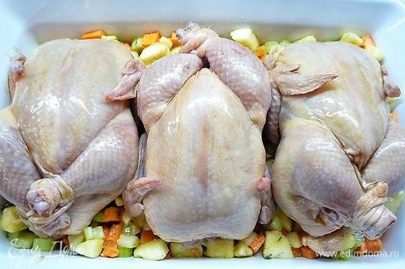Кисточкой смазываем цыплят глазурью. Ставим в заранее разогретую духовку и запекаем цыплят при 180°С 45-50 минут, периодически смазывая их глазурью.