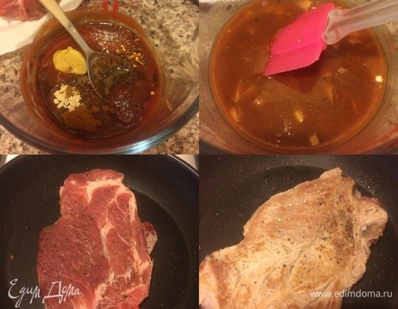 Сковороду с толстым дном хорошо разогреть, обжарить мясо 1–2 минутки с каждой стороны.