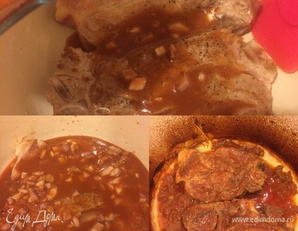 Духовку нагреть до 160–170°С, мясо положить в утятницу, залить соусом, накрыть крышкой и поставить готовиться в духовку на 2,5–3 часа.