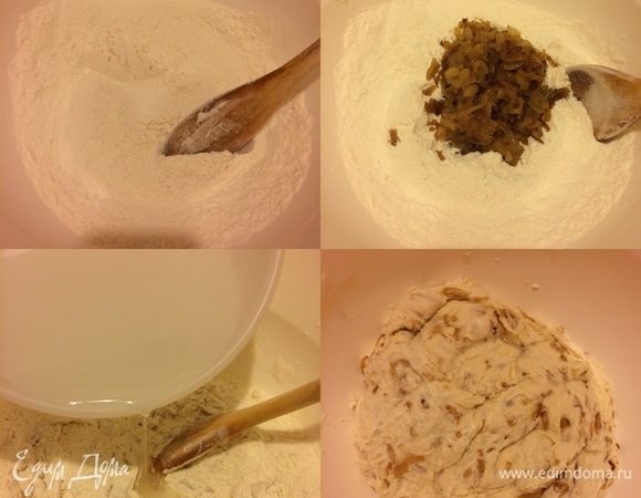 В большую миску просеять муку, добавить соль, дрожжи, перемешать. Добавить лук и еще раз перемешать. Затем добавить воду и хорошо перемешать деревянной ложкой, затянуть миску пленкой и оставить при комнатной температуре на 18–24 часа.