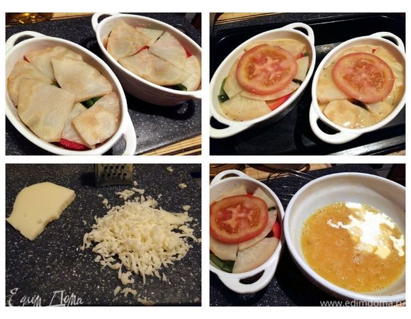 Овощи накрыть слоем сельдерея. Сверху положить колечко помидора. Натереть на мелкой терке сыр, я взяла моцареллу. Взбить яйца со сливками.