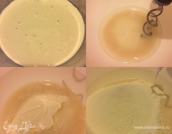 Спустя указанное время достаем стартер из холодильника и начинаем делать основное тесто. В большой миске смешиваем холодную воду, сахар, соль, дрожжи и перемешиваем все миксером 3–4 минутки. Затем добавляем весь стартер и еще раз перемешиваем. Просеять муку, добавить к дрожжевой смеси и начать месить миксером сначала на средней скорости, а затем на высокой (но все зависит от мощности вашего миксера).