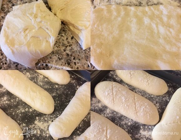 Спустя указанное время рабочую поверхность хорошо посыпаем мукой, перекладываем тесто, посыпаем его мукой (так как оно липкое) и делим его на 7–8 частей. Каждый колобок растягиваем руками в прямоугольник, сворачиваем и формируем багет. Кладем на противень, посыпаем мукой, накрываем полотенцем и оставляем в телом месте еще на 60–70 минут. Пока хлебушек отдыхает, нагреваем духовку до 240°С. Спустя указанное время делаем на хлебе надрезы и отправляем в духовку.