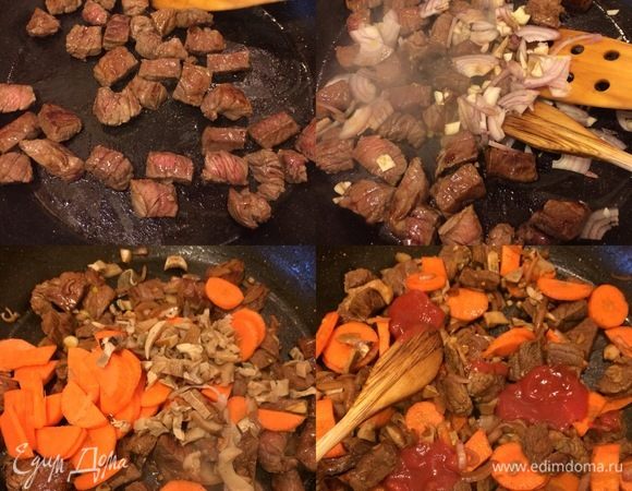 Духовку нагреть до 160–170°С. В сковороде с толстым дном разогреть масло и обжарить кусочки мяса с двух сторон, добавить вустерширский соус и перемешать. Затем добавить лук, чеснок и тушить 3–4 минутки. Грибы и морковь нарезать. К мясу с луком добавить пассату, перемешать, добавить грибы, морковь, перемешать и потушить 2–3 мин.