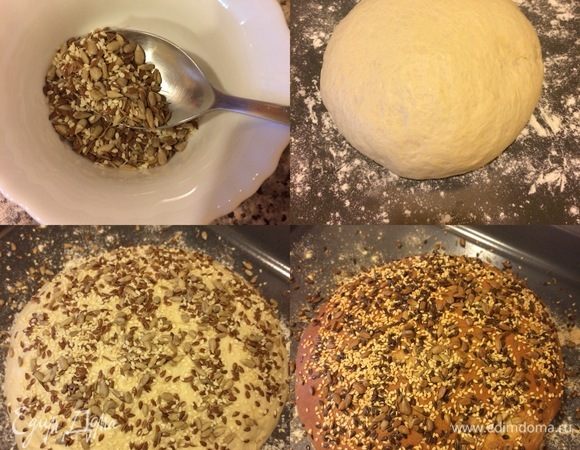 Мое тесто спустя один час отлично поднялось. Духовку нагреть до 180–200°С. В миске смешать семечки, семена, тмин. Поднявшийся хлеб сбрызнуть водой, посыпать семенами и отправить в духовку на 30–40 минут.