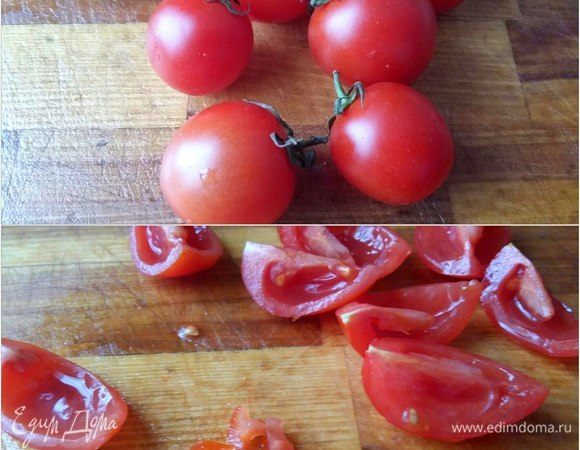 Теперь займемся помидорной начинкой. Взять черри, разрезать, ложкой выбрать всю семенную жидкость.