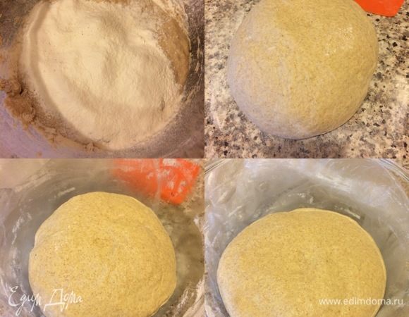 Потом постепенно я начала добавлять обычную муку. И вот тут меня ждал сюрприз так как по рецепту нужно было добавить 2 1/4 стакана, а у меня остался один полный стакан муки, который мне не понадобился! Нам нужно замесить нежное, гладкое тесто (руки можно смазывать растительным маслом) тесто месим 10 минут. 
Затем переложить тесто в смазанную маслом миску, накрыть пленкой и отправить в теплое место (22-24°С) на 3-4 часа, но спустя каждый час нам нужно будет обминать тесто, формировать шар и возвращать в теплое место.