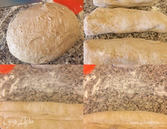 Спустя указанное время присыпать рабочую поверхность мукой, переложить тесто, разделить его на 3 части, накрыть и оставить еще на 15 минут. Спустя 15 минут из каждой части сформировать багет.
