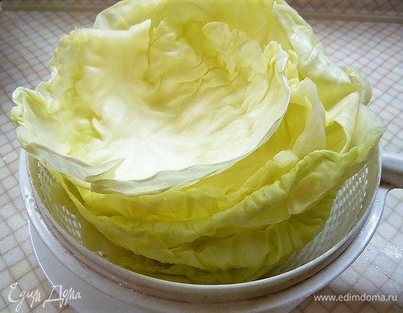 Аккуратно достаем капусту из кастрюли и отделяем верхние листья, затем опять возвращаем капусту в кастрюлю и отвариваем до мягкости листьев, старайтесь не передерживать. Листья должны быть мягкими и эластичными. Срезаем с листьев утолщенные грубые части.