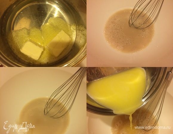 В сотейник налить 120 мл воды, добавить сливочное масло, поставить на огонь, прогреть и дать остыть. В миске растворить сахар (1ч. л.) и дрожжи в теплой воде (120 мл), дать постоять 10 минут. Затем добавить остатки сахара, растопленное сливочное масло, ваниль, соль и перемешать.