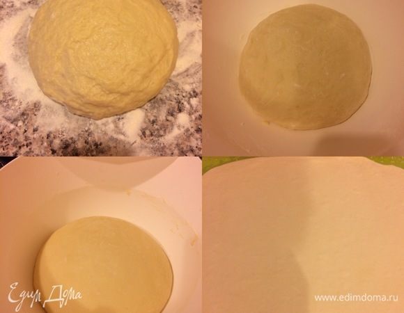 Замесить нежное, гладкое тесто (муки может уйти чуть меньше). Миску слегка смазать растительным маслом, положить тесто, накрыть пленкой и отправить в холодильник на 8 часов. Спустя указанное время тесто увеличится в 1,5–2 раза. Затем достать тесто из холодильника, дать постоять при комнатной температуре 30 минут, а потом раскатать в прямоугольник.