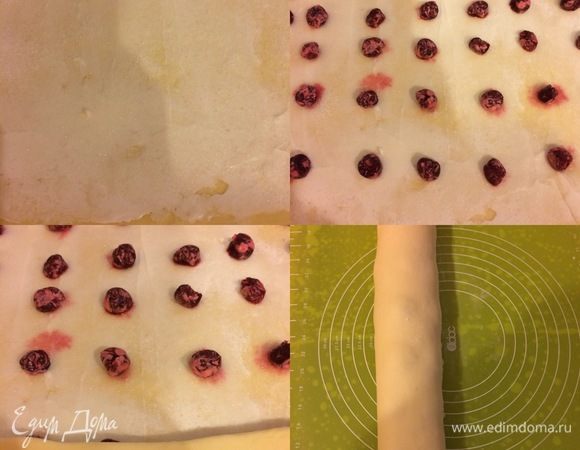 Из вишни достать косточки и смешать с крахмалом. Сахар смешать с ванильным сахаром. Тесто смазать сливочным сыром, посыпать сахаром, разложить вишню и свернуть в рулет.