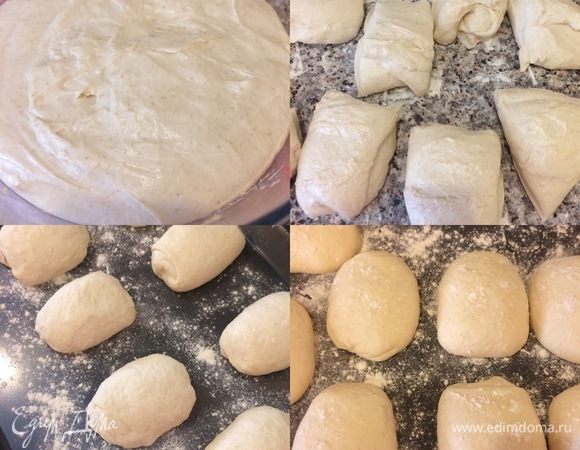 Спустя указанное время рабочую поверхность хорошо посыпать мукой, переложить тесто, разделить на 8 колобков. Из каждого колобка сформировать маленький хлеб (долго месить не надо). Противень посыпать мукой, переложить булки, сверху слегка посыпать мукой, накрыть пленкой и поставить в теплое место при 23–24°C на 45 минут.
