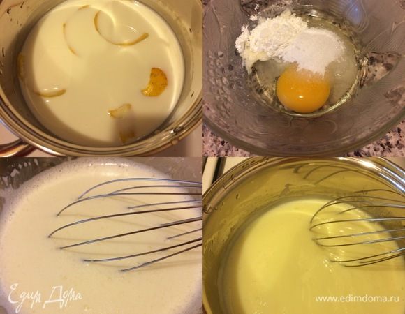 Крем. С лимона снять цедру (только желтую часть). Молоко налить в сотейник, добавить цедру и подогреть. В миске слегка взбить венчиком яйцо, сахар, крахмал, ванильный сахар. Из молока достать цедру. В яичную смесь тонкой струйкой влить горячее молоко, перемешать венчиком, поставить смесь на огонь и варить крем до загустения. 