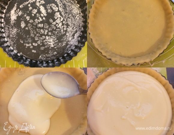 Форму (D=20 см) слегка смазать маслом и посыпать мукой. Аккуратно перенести тесто в форму. Распределить крем по тесту.