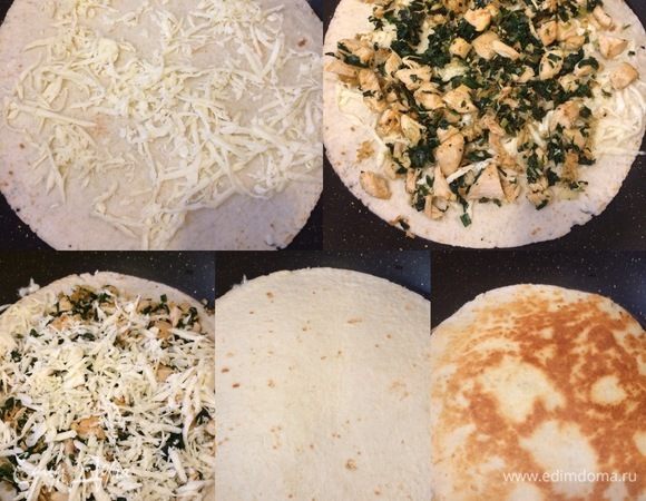 Разогреть сковороду с толстым дном, добавить сливочное масло и лепешку. Сверху лепешку посыпать сыром, выложить начинку, еще раз посыпать сыром и накрыть второй лепешкой. Накрыть крышкой и жарить пару минут на среднем огне, затем аккуратно перевернуть и дать подрумяниться второй стороне.