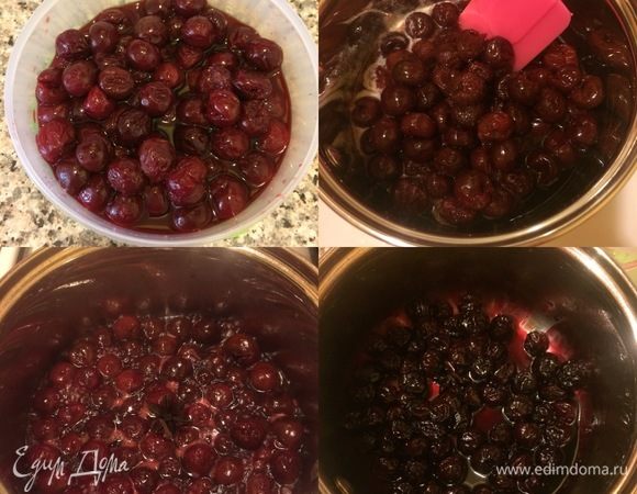 Из вишни достать косточки, посыпать сахаром, добавить бренди, накрыть и дать постоять 1–2 часа. В сотейник добавить масло, вишню вместе с соком, анис, гвоздику и варить на медленном огне, пока почти вся жидкость не выпарится (у меня осталось где-то 3 ст. л. густой жидкости).