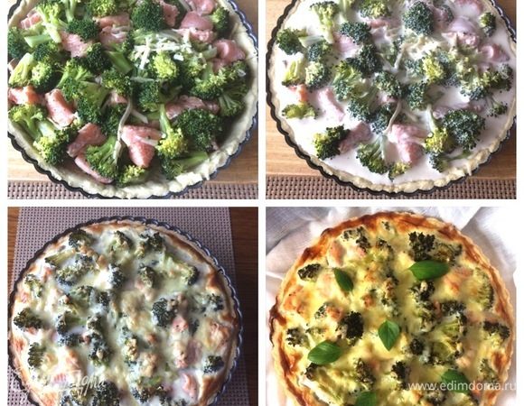 Вынимаем корж из духовки, выкладываем на него начинку равномерно, затем заливку и сверху посыпаем оставшимся тертым сыром (50 г). Отправляем в духовку на 40–45 минут. Следим за своей духовкой, возможно, понадобится и чуть меньше времени.
Готовый киш вынимаем из духовки, оставляем его остывать минут 30.