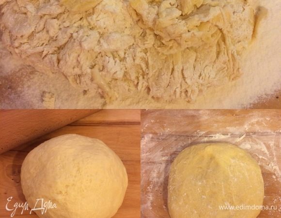 Замесить нежное тесто, которое не липнет к рукам (месить надо 5–7 минут). У меня ушло где-то 500 г муки, а остальные 50 г ушли на раскатку. Рабочую поверхность хорошо посыпать мукой и начать раскатывать тесто. (Я сначала начала делать это на доске, но потом перенесла тесто на стол, так как для работы с тестом нам нужно много места).