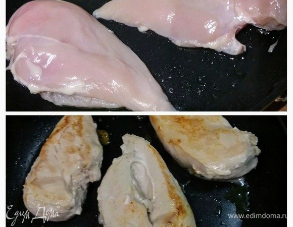 В глубокой сковороде разогреть 2 ст. л. оливкового масла и обжарить филе с каждой стороны по 4-5 минут до золотистой корочки. Посолить, поперчить, можно посыпать любимыми травами. Отложить в сторону (держать теплым).