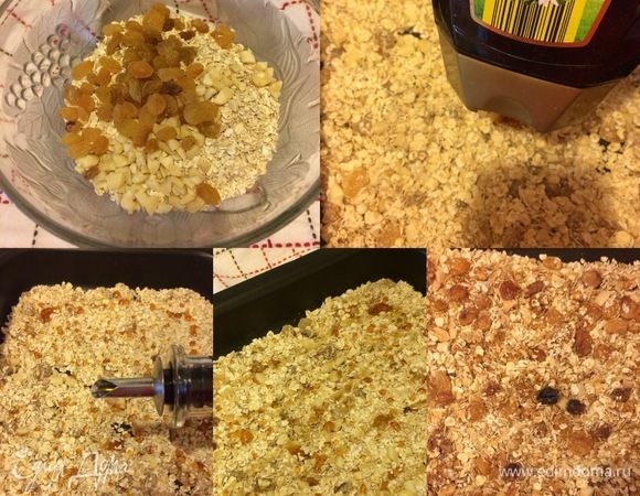 В миске смешать миндаль, овсянку и изюм. Выложить все в форму, разровнять, полить медом, маслом и отправить в духовку на 5 минут. Спустя указанное время достать и перемешать.