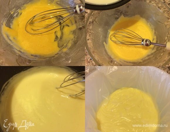 Крем: в миске слегка взбить венчиком желток, сахар, ванильный сахар, крахмал и муку. Молоко подогреть, добавить к желтковой массе и быстро перемешать. Перелить в сотейник и варить до загустения. Готовый крем перелить в контейнер, накрыть пленкой, дать остыть, а затем взбить венчиком.