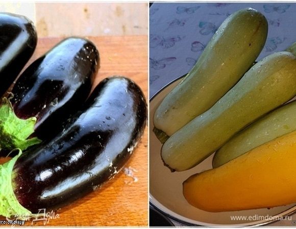 Баклажаны и кабачки. Кстати, можете и цукини использовать, не прогадаете.
Шкурку чистить не надо. Резать лучше на дольки и кружочки. Тут многое зависит от размеров и степени спелости.