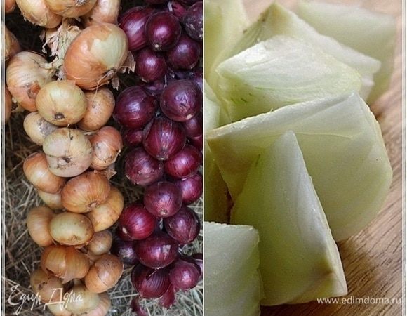 Лук. Естественно, почистить и нарезать очень на четвертинки. Конечно, если головки очень крупные, то и мельче можно. Мы взяли и красный лук, и обычный. Красный, замечу, не крымский, а тоже обычный.